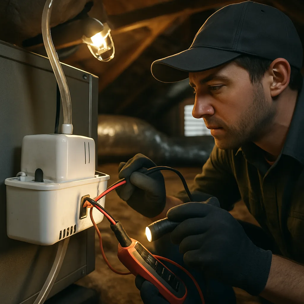 Technician testing a condensate pump during HVAC repair service in Sunnyvale