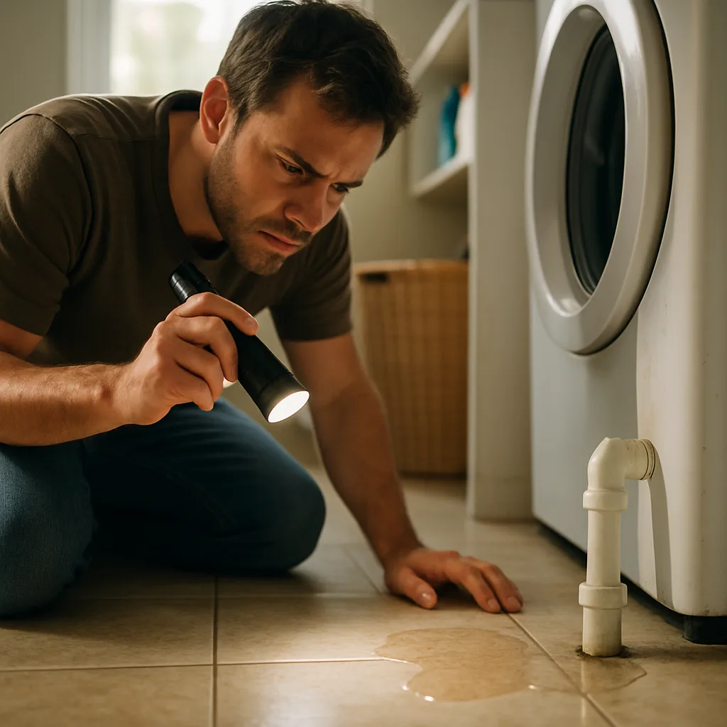 leak-inspection-laundry-drain-sunnyvale-home Homeowner inspecting a leak near laundry drain, not the HVAC pump, in Sunnyvale