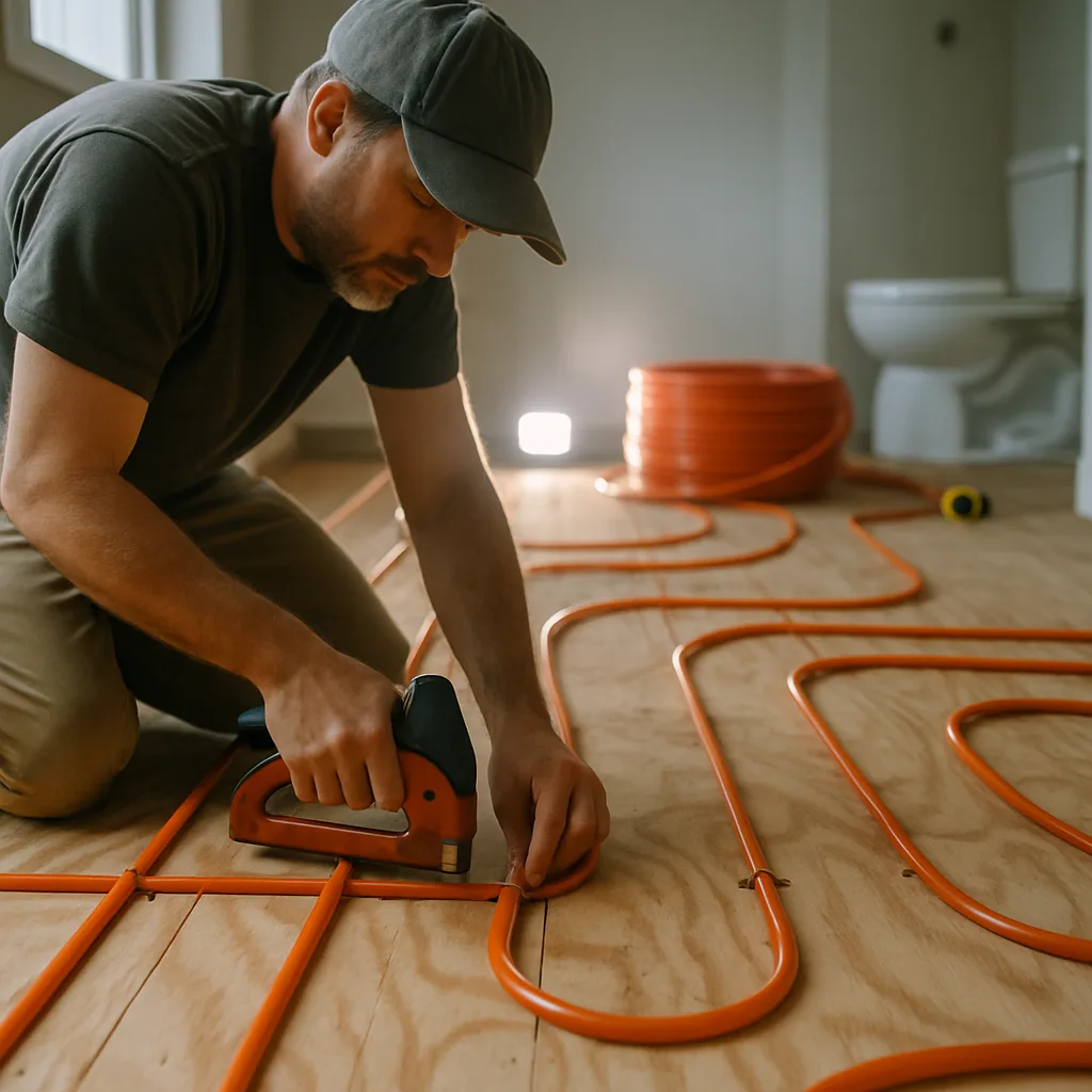 Installer stapling PEX tubing into subfloor for radiant heating installation in Sunnyvale home