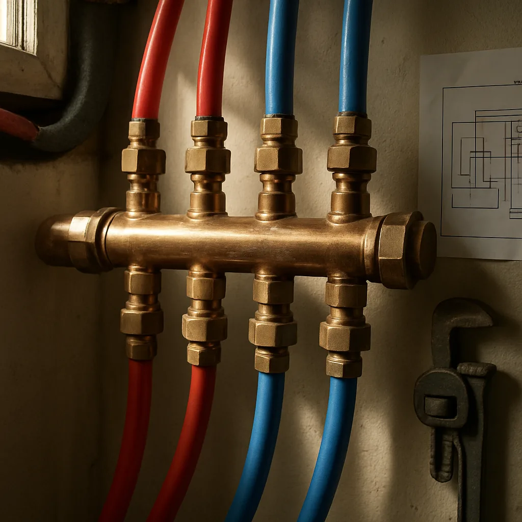 hydronic-radiant-heating-manifold-detail-sunnyvale Close-up of hydronic manifold and PEX lines for radiant heating installation in Sunnyvale home
