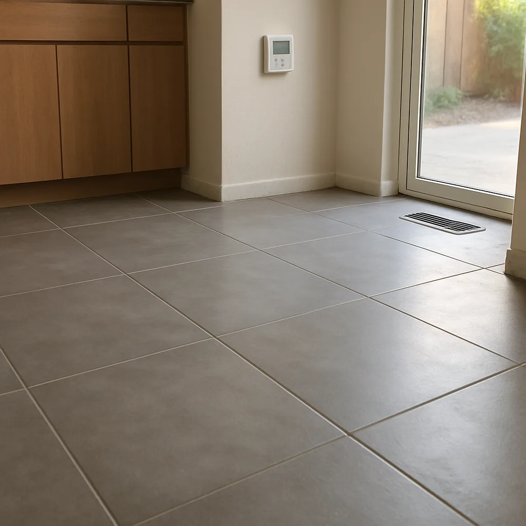 radiant-heating-installation-finished-tile-floor-sunnyvale Finished heated tile floor after radiant heating installation in Sunnyvale kitchen