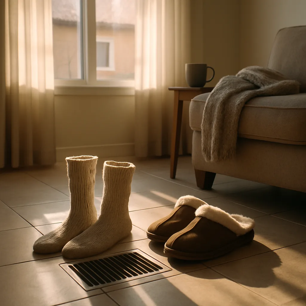 radiant-heating-installation-living-room-daily-use-sunnyvale Slippers on heated tile floor showing daily use after radiant heating installation Sunnyvale