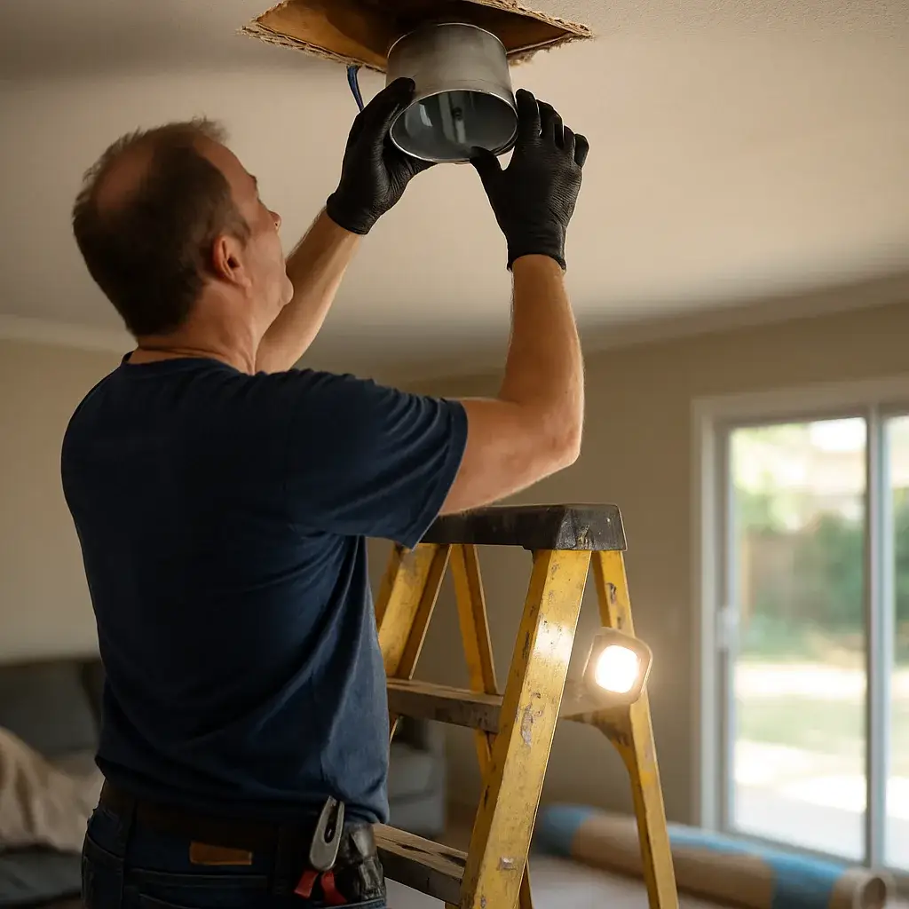 Electrician installing recessed light housing in Sunnyvale living room ceiling