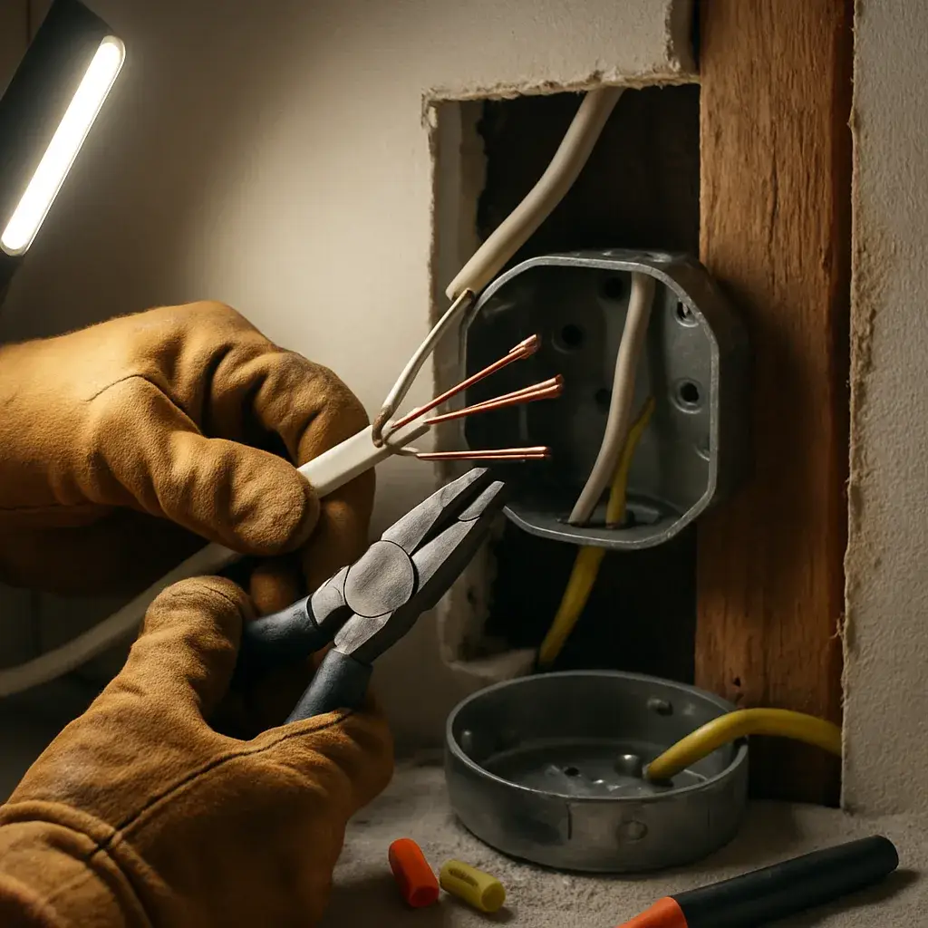 recessed-lighting-wiring-junction-box-detail-sunnyvale Close-up of electrician wiring junction box for recessed lighting in Sunnyvale