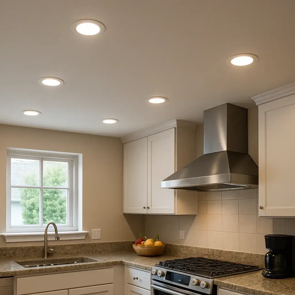 recessed-lighting-finished-kitchen-ceiling-sunnyvale Finished recessed lighting installation illuminating a Sunnyvale kitchen ceiling