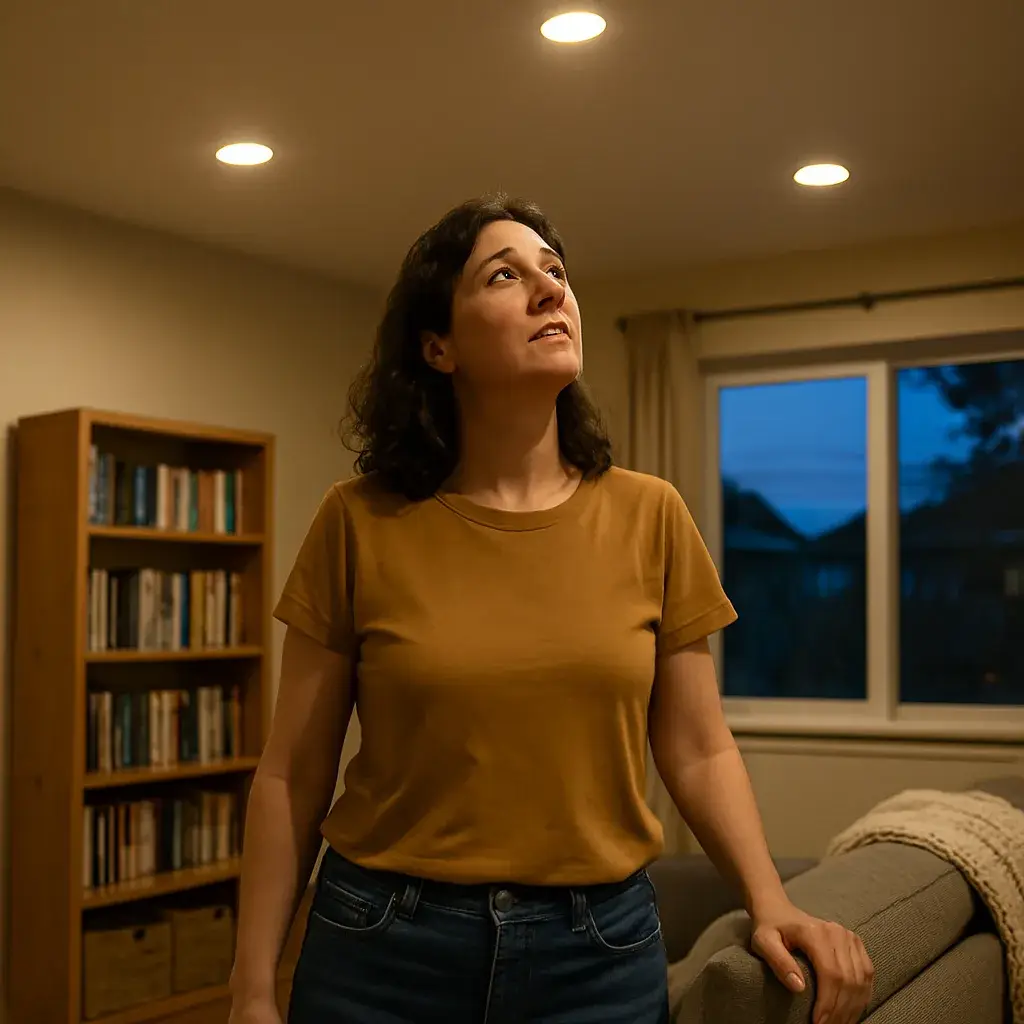 recessed-lighting-homeowner-living-room-sunnyvale Homeowner enjoying new recessed lighting installation in Sunnyvale living room