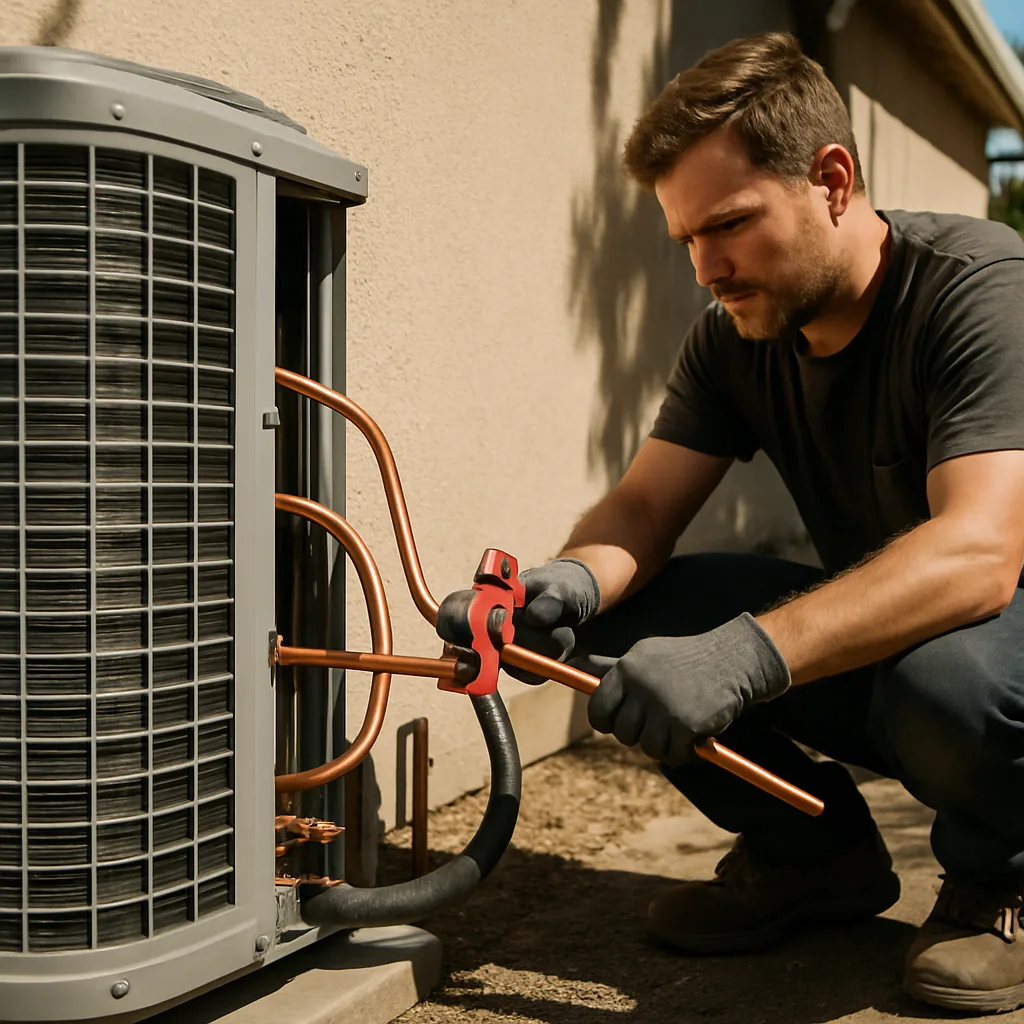 Technician bending copper refrigerant line during AC installation at Sunnyvale building