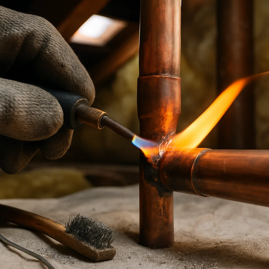Technician soldering copper refrigerant line joint during Sunnyvale piping installation