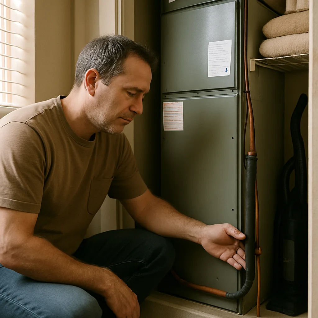 Homeowner checking indoor air handler line after refrigerant piping installation in Sunnyvale