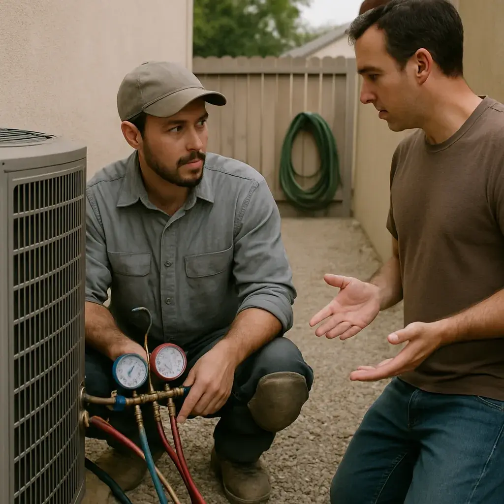 Technician and homeowner discuss refrigerant recharge cost at condenser unit in Sunnyvale