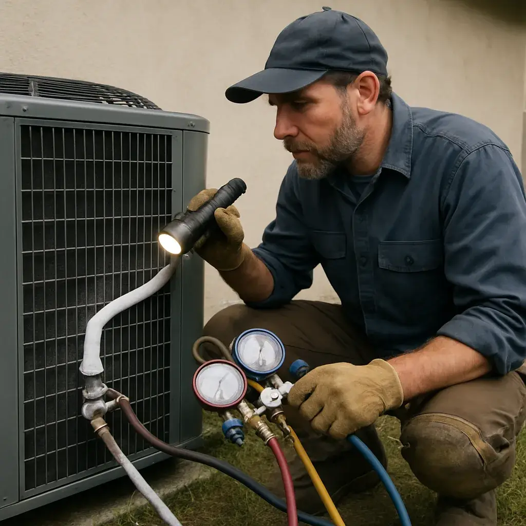 HVAC technician inspects frosted refrigerant lines during recharge service in Sunnyvale