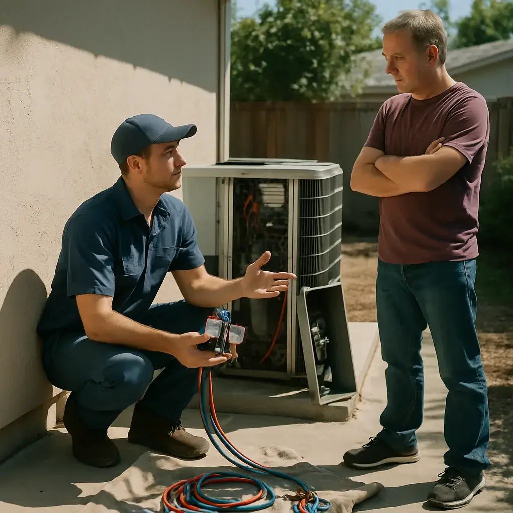 Technician explains refrigerant leak repair limits to homeowner in Sunnyvale backyard