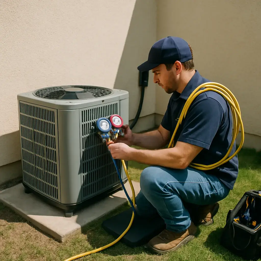 Technician comparing old and new AC condenser units during refrigerant repair in Sunnyvale