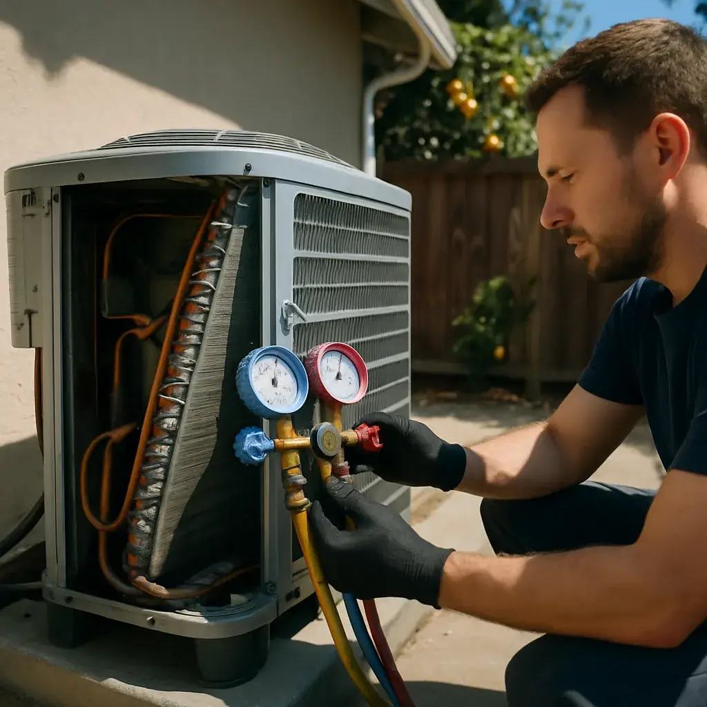 Technician checking refrigerant levels on AC unit during leak repair in Sunnyvale