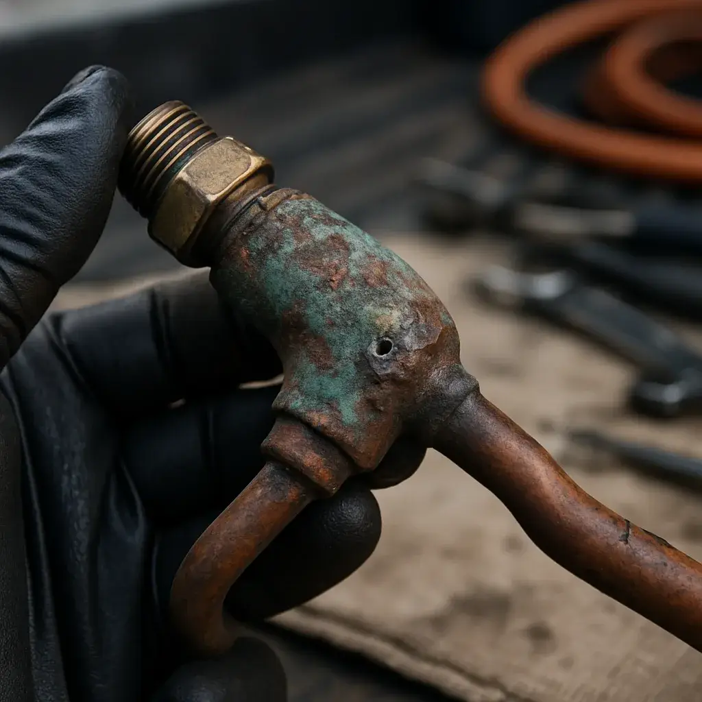 Corroded refrigerant line fitting shown as cost factor in Sunnyvale leak repair job