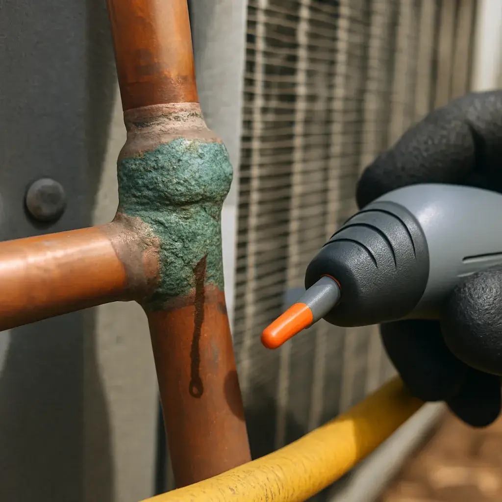 refrigerant-leak-repair-corroded-copper-joint-closeup Corroded copper refrigerant line joint inspected for leak repair in Sunnyvale AC unit