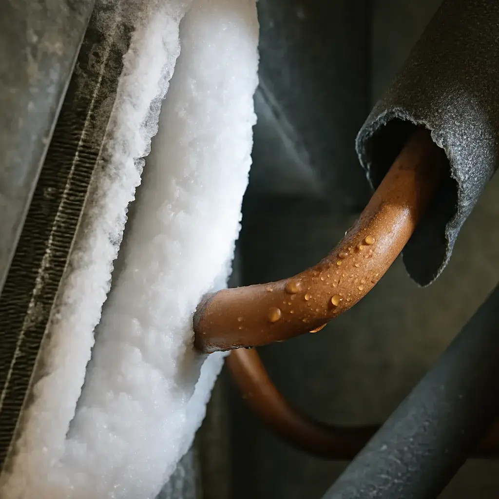 Frost and ice buildup on evaporator coil showing refrigerant leak warning sign