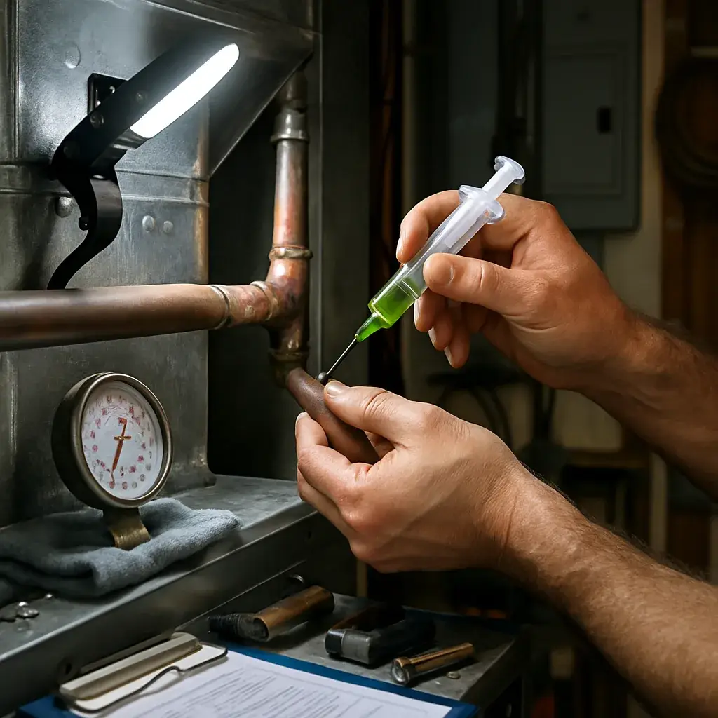 Technician applying UV dye to find refrigerant leak source in Sunnyvale HVAC system