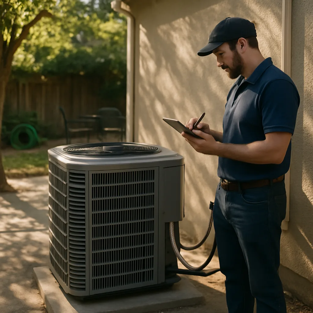 Repaired AC condenser unit running normally after refrigerant recharge in Sunnyvale