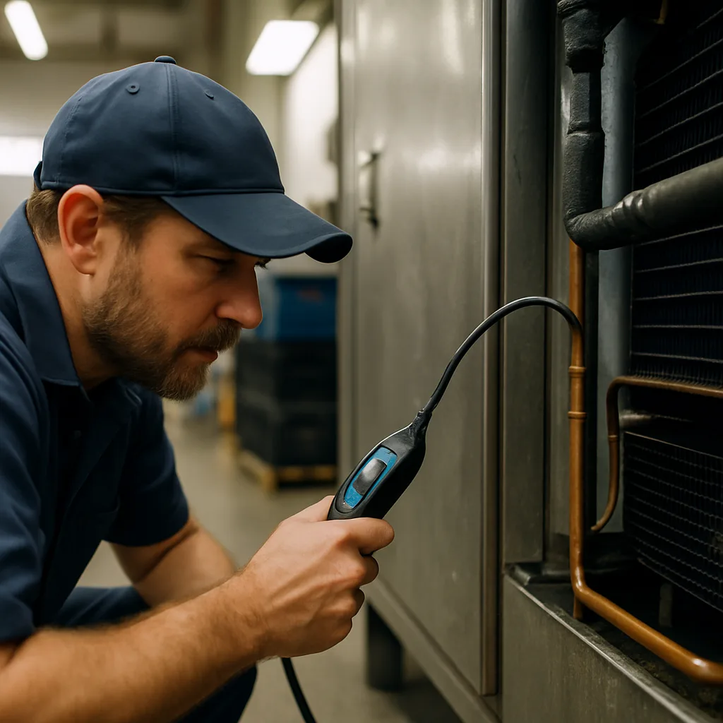 Technician checking walk-in cooler refrigerant lines with leak detector in Sunnyvale