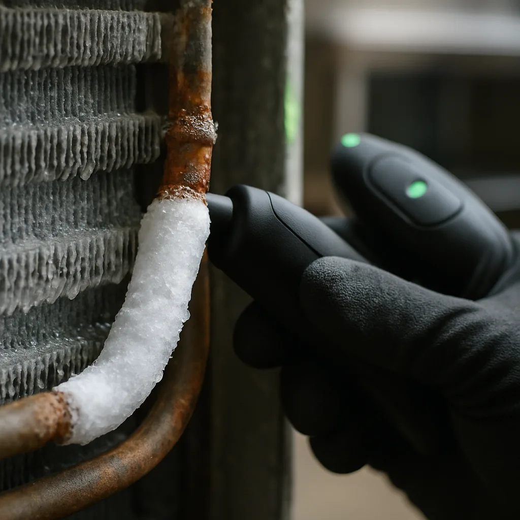 refrigeration-leak-detection-frosted-copper-coil-sunnyvale Close-up of leak detector on frosted copper coil, refrigeration leak detection Sunnyvale