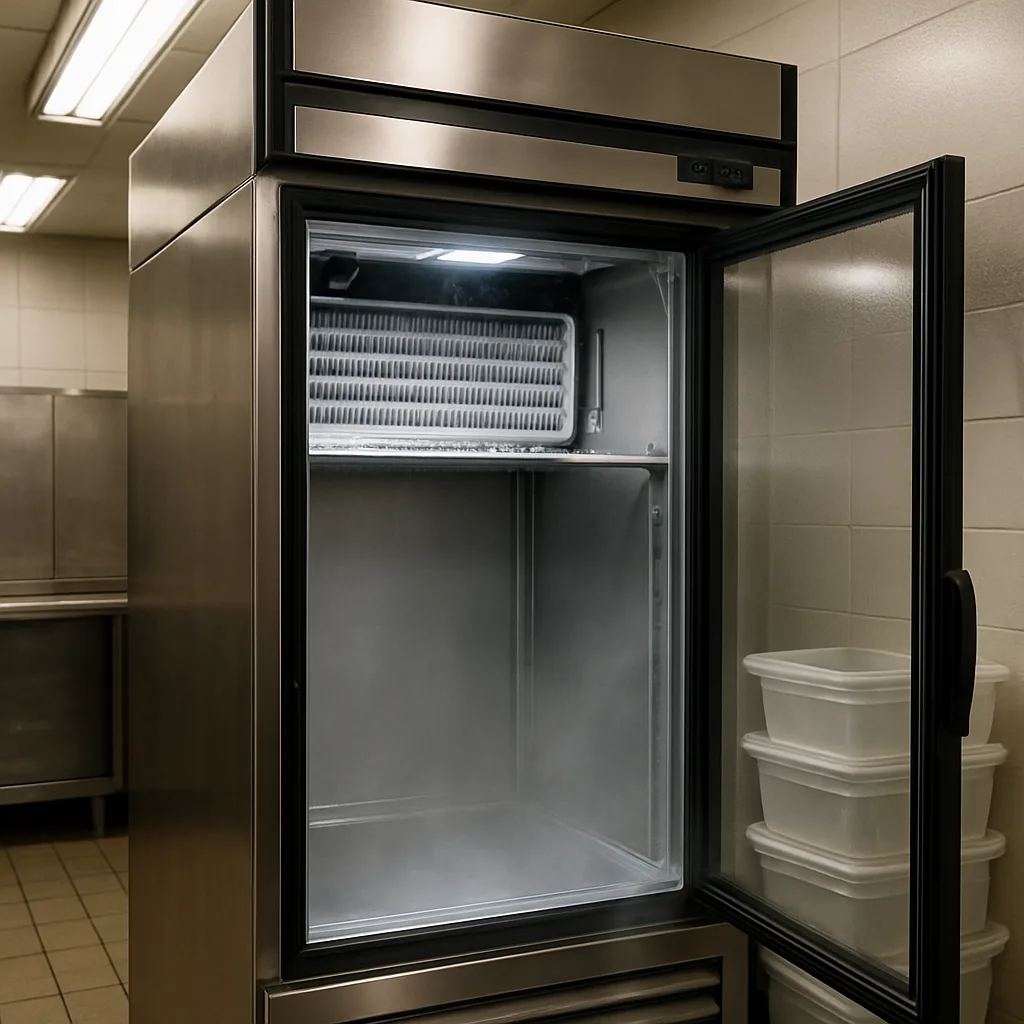 refrigeration-leak-detection-repaired-freezer-sunnyvale Repaired commercial freezer with clean coils after refrigeration leak detection in Sunnyvale