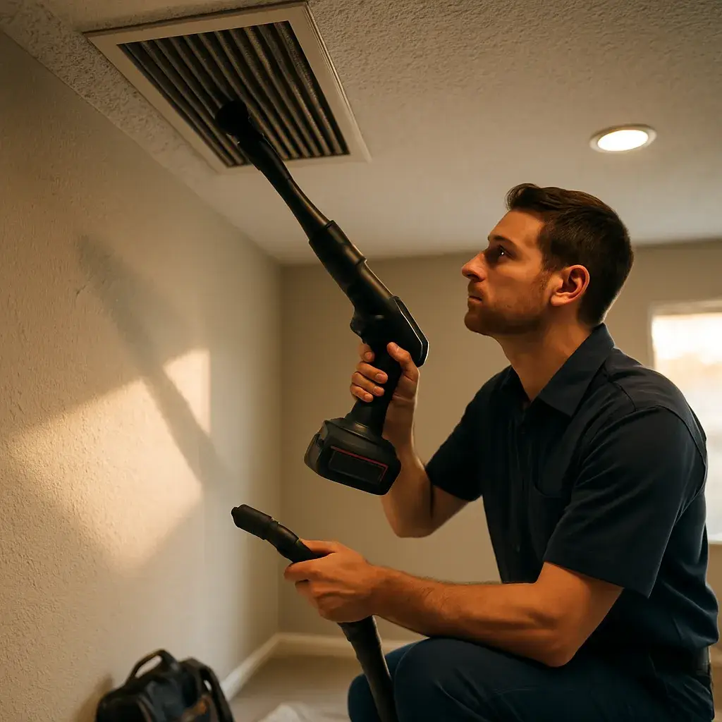 HVAC technician vacuuming dusty ceiling register during cleaning service in Sunnyvale home