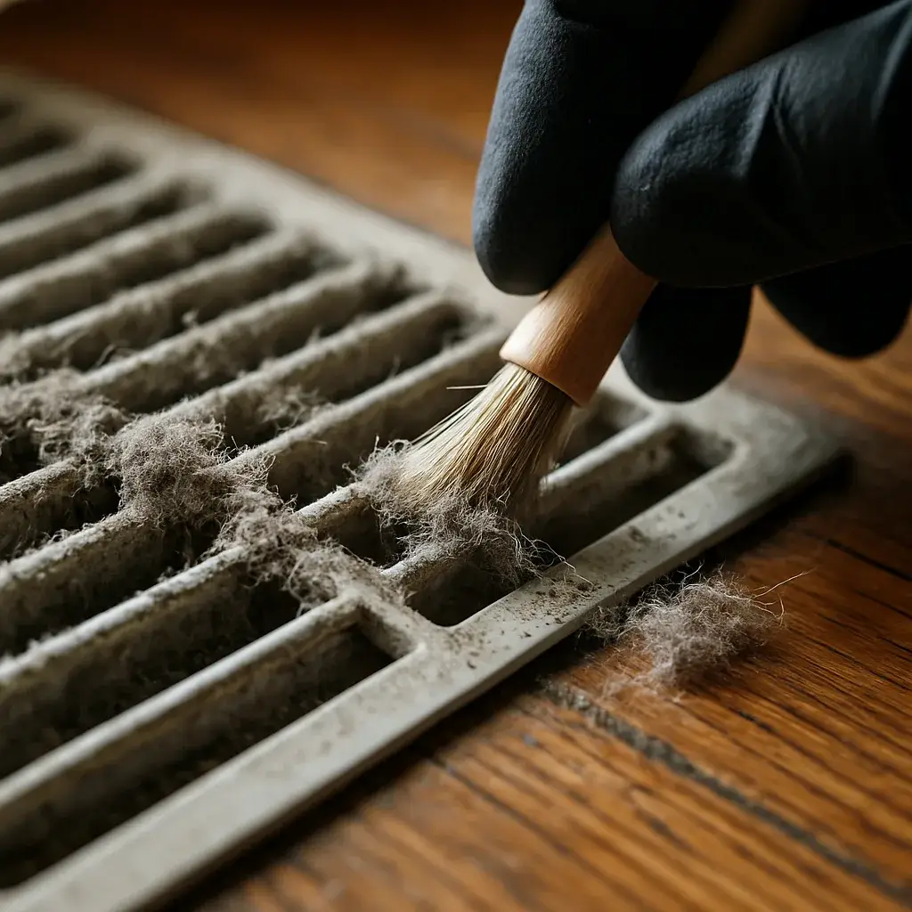 register-grille-cleaning-dust-detail-sunnyvale Close-up of gloved hand brushing dust from floor register grille slats in Sunnyvale