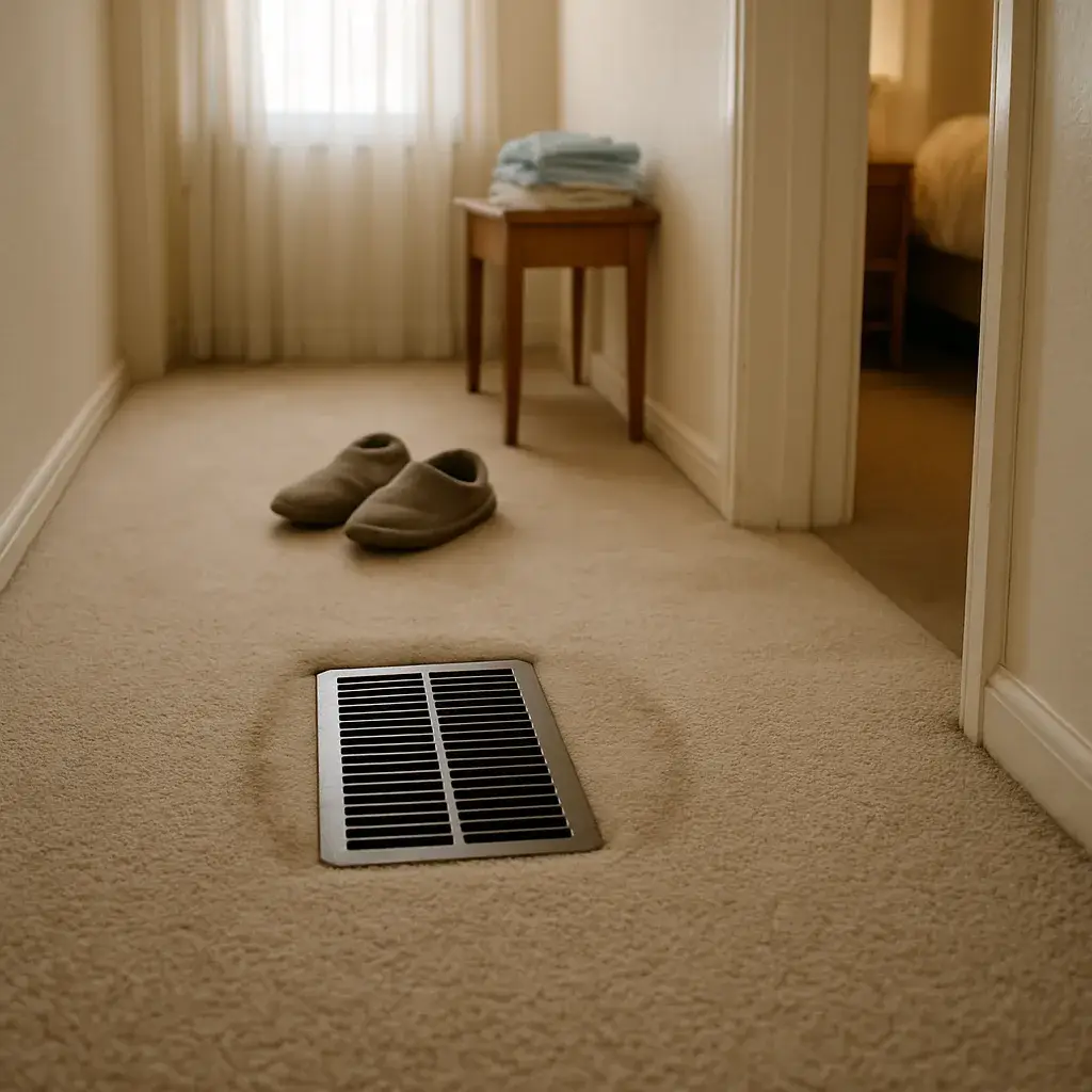 register-grille-cleaning-homeowner-view-sunnyvale Homeowner view of dusty floor register in hallway carpet before Sunnyvale cleaning service