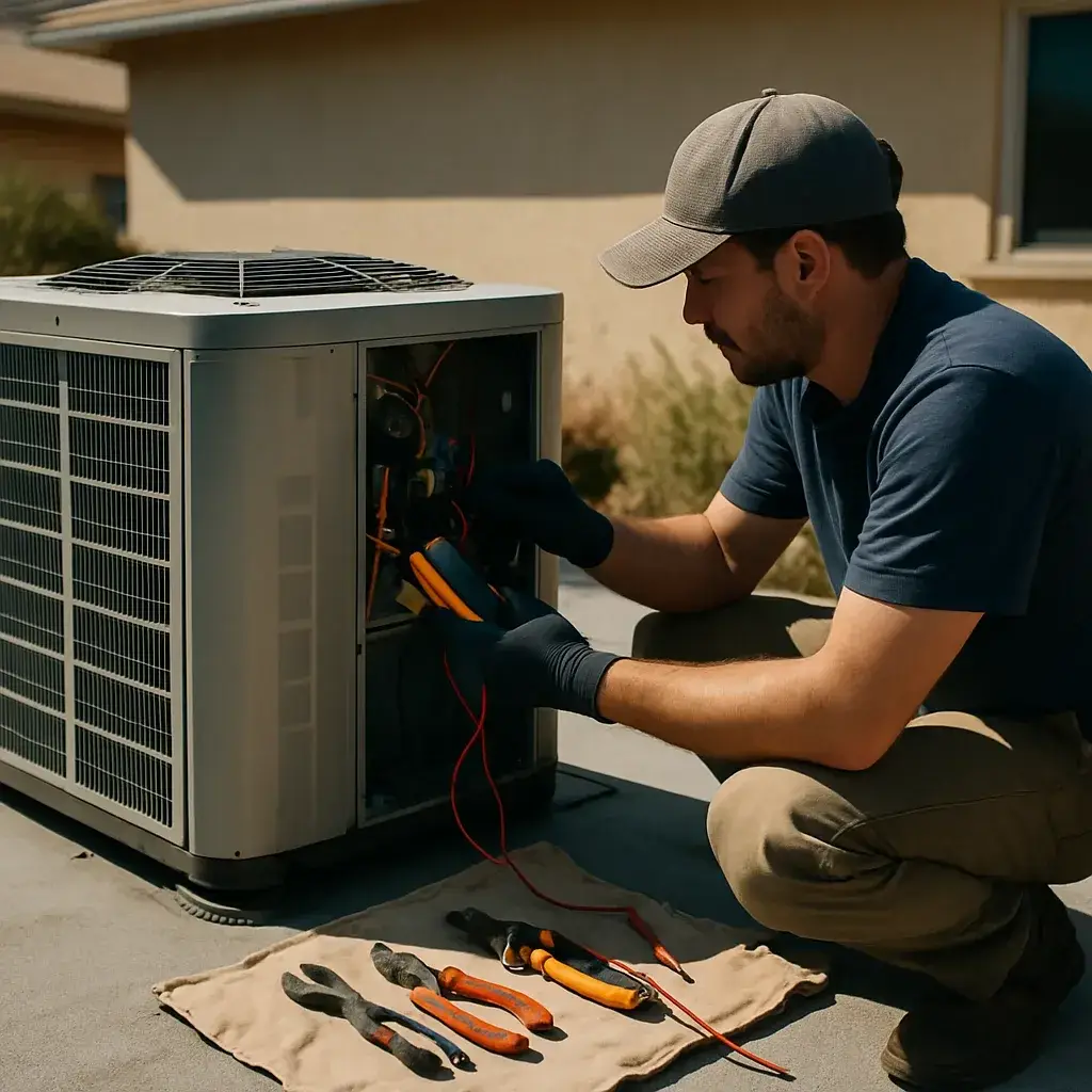 HVAC technician repairing condenser unit contactor at Sunnyvale home