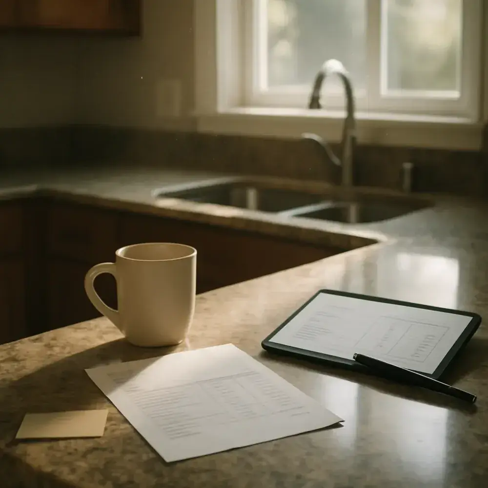 hvac-repair-pricing-estimate-kitchen-sunnyvale Homeowner reviewing HVAC repair estimate on kitchen counter in Sunnyvale