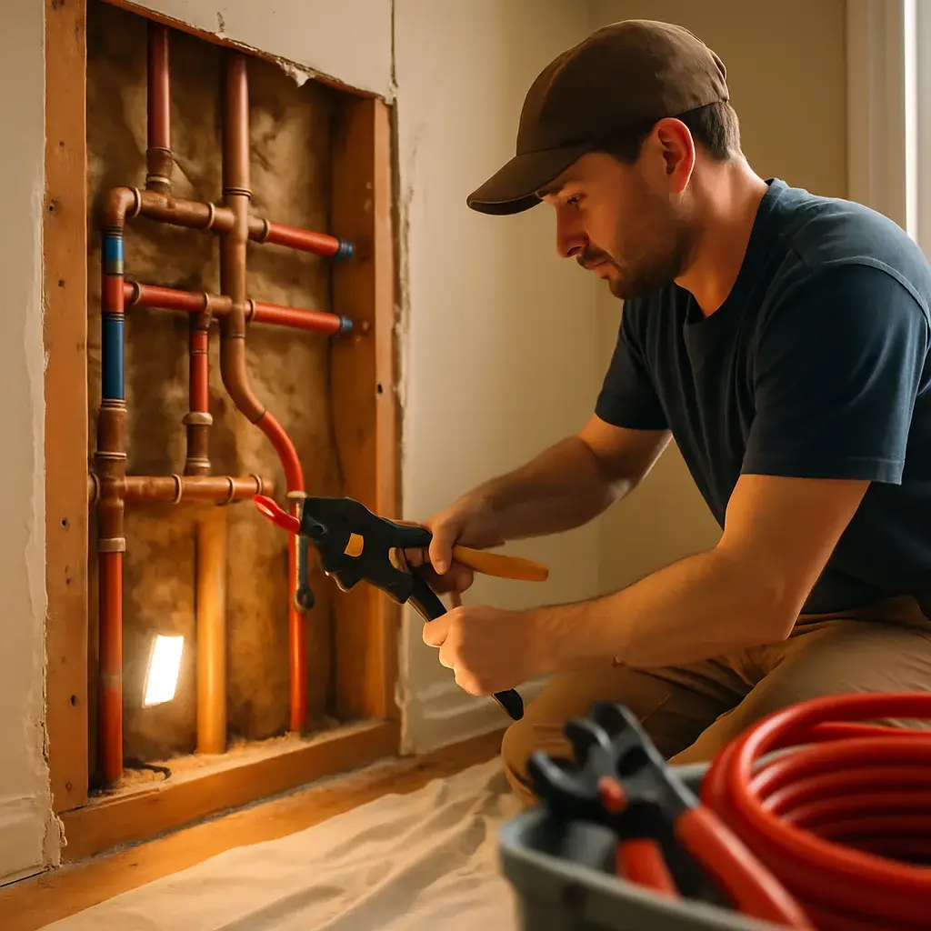 Technician repiping exposed wall pipes during repipe service in Sunnyvale home