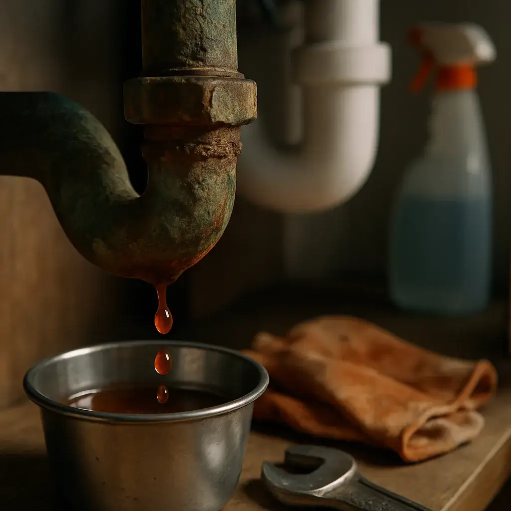 Corroded pipe leaking rust water, a warning sign needing repiping in Sunnyvale