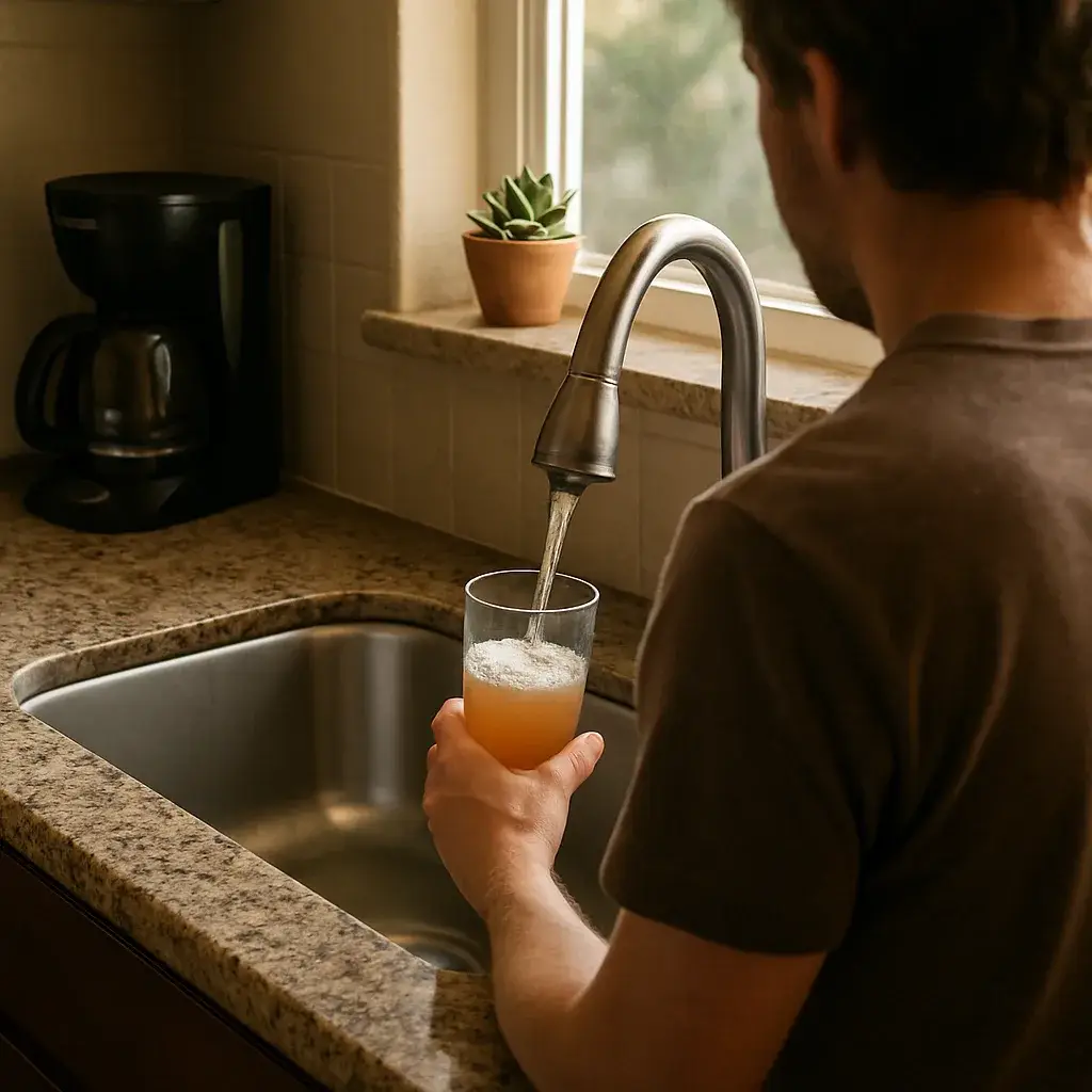 Homeowner noticing discolored tap water at kitchen sink in Sunnyvale home