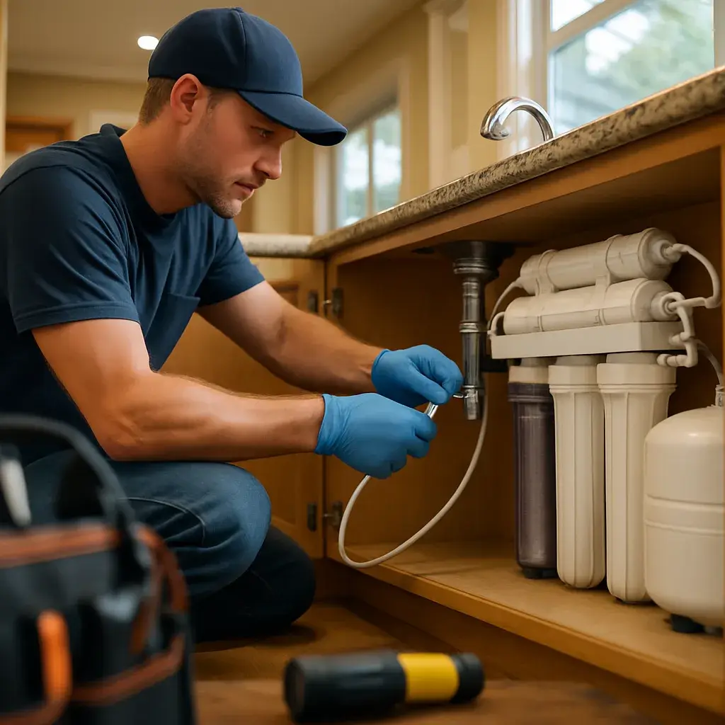 Technician installing reverse osmosis system under kitchen sink in Sunnyvale home