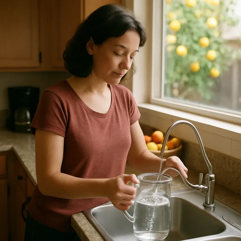 homeowner-filtered-water-daily-use-sunnyvale Homeowner filling pitcher from reverse osmosis faucet in Sunnyvale kitchen