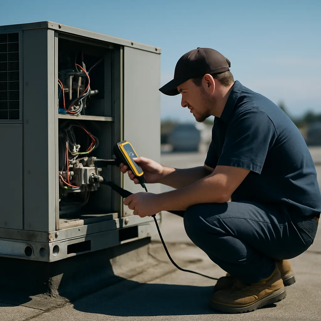 Technician checking gauge readings on rooftop HVAC unit in Sunnyvale