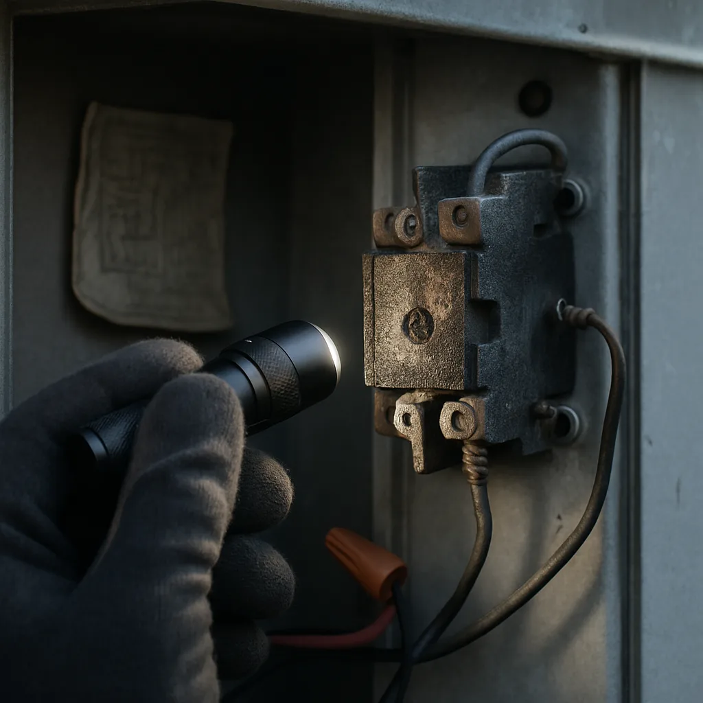 rtu-service-failed-contactor-closeup-sunnyvale Close-up of corroded contactor inside rooftop unit during Sunnyvale HVAC inspection