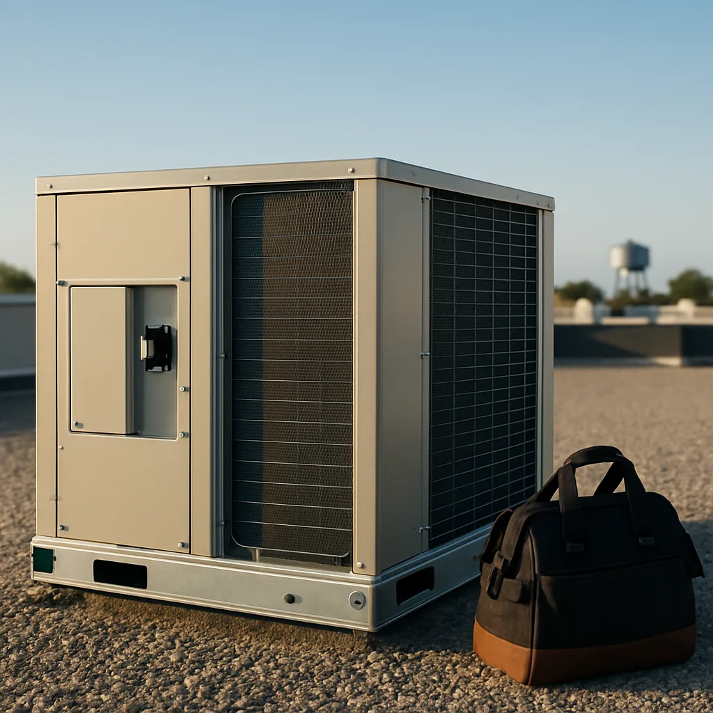 rtu-service-completed-repair-rooftop-unit-sunnyvale Repaired rooftop HVAC unit with clean coils after Sunnyvale service call
