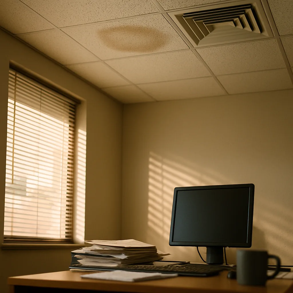 rtu-service-ceiling-water-stain-office-sunnyvale Water stain on office ceiling tile signaling rooftop unit needs service Sunnyvale