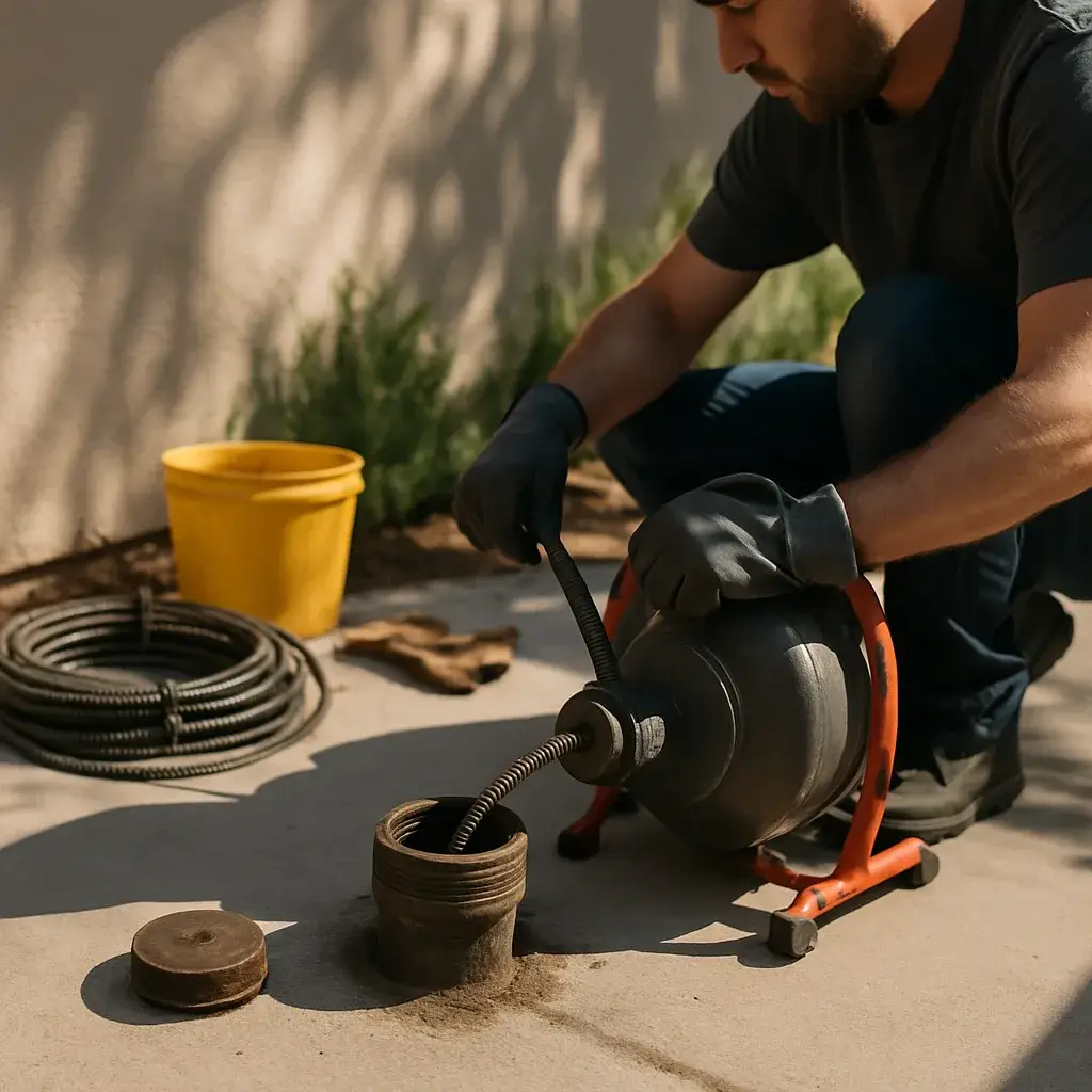 Technician feeding drain snake into sewer cleanout pipe for rooter service in Sunnyvale