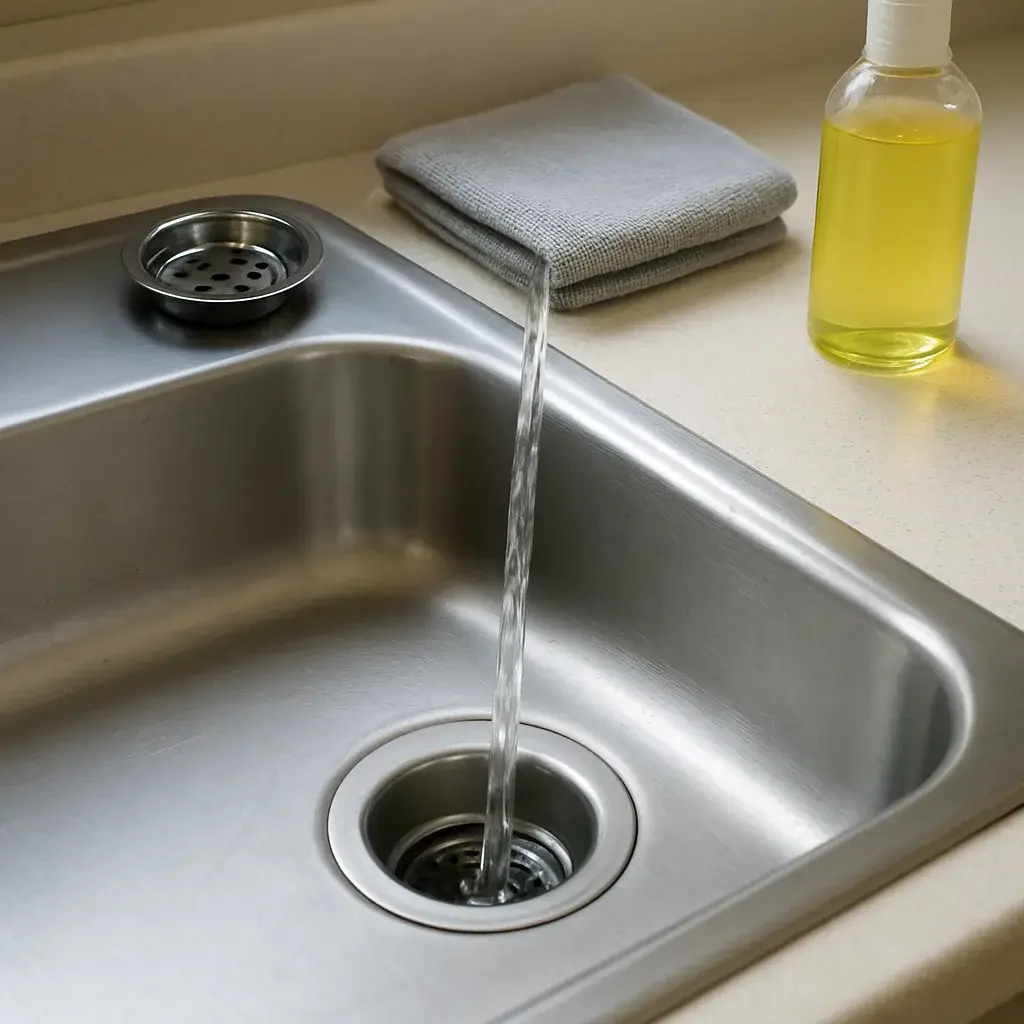 rooter-service-clear-drain-result-sunnyvale Clear water flowing freely down kitchen drain after rooter service in Sunnyvale