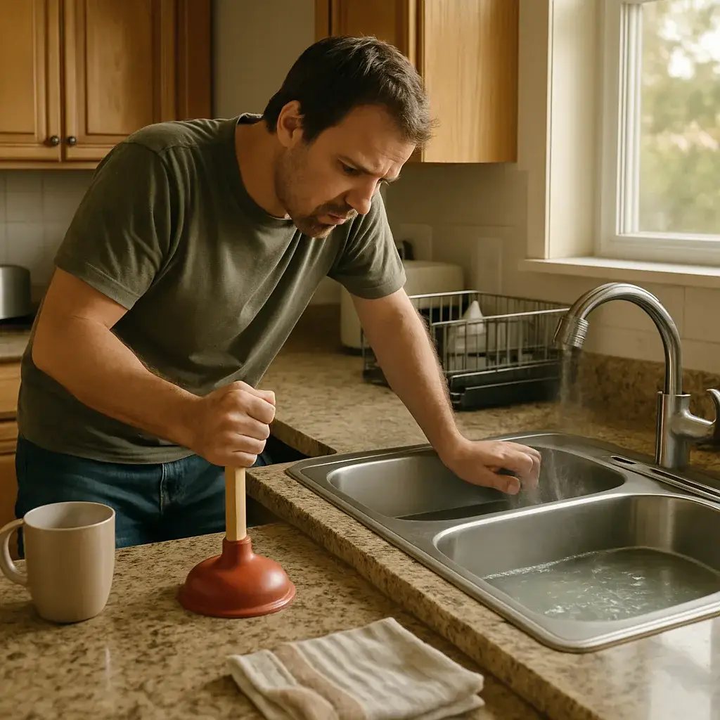 rooter-service-slow-drain-homeowner-sunnyvale Homeowner noticing slow kitchen drain before calling rooter service in Sunnyvale
