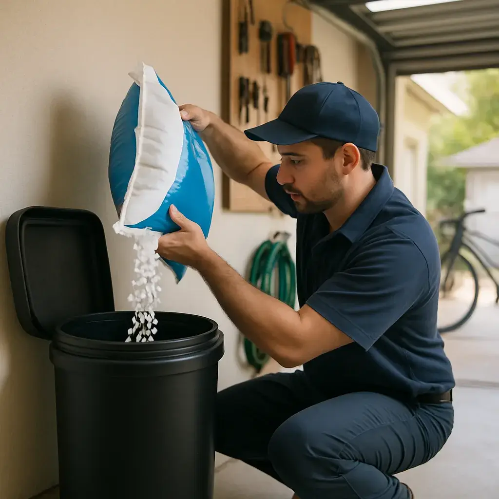 Technician pouring salt into water softener brine tank during Sunnyvale refill service