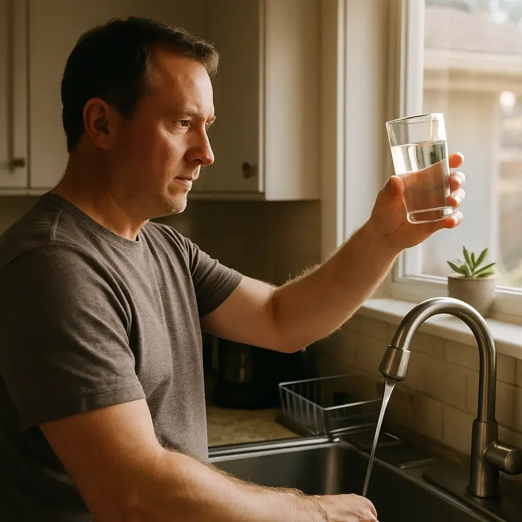 clear-tap-water-check-softener-result-sunnyvale-kitchen Homeowner checking clear tap water after softener salt refill in Sunnyvale home