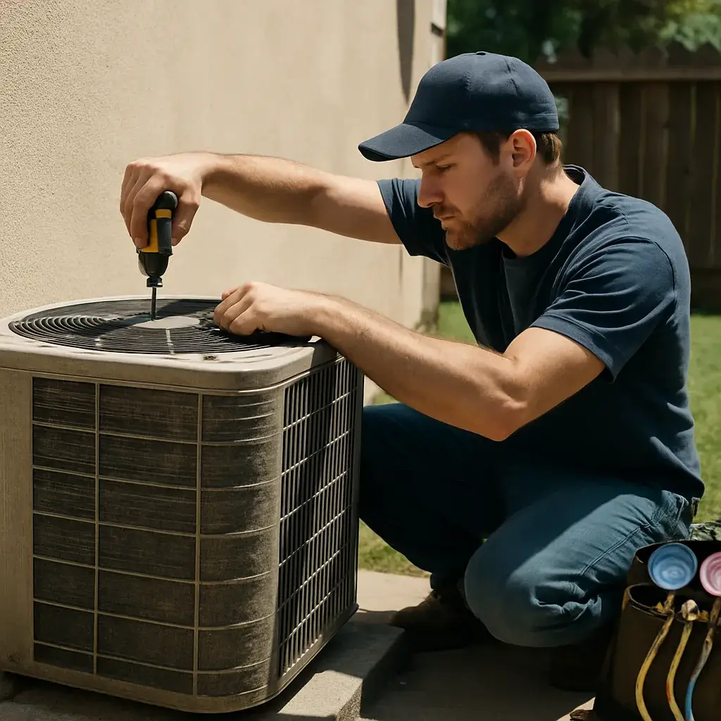 Technician removing condenser fan grille during seasonal AC maintenance in Sunnyvale