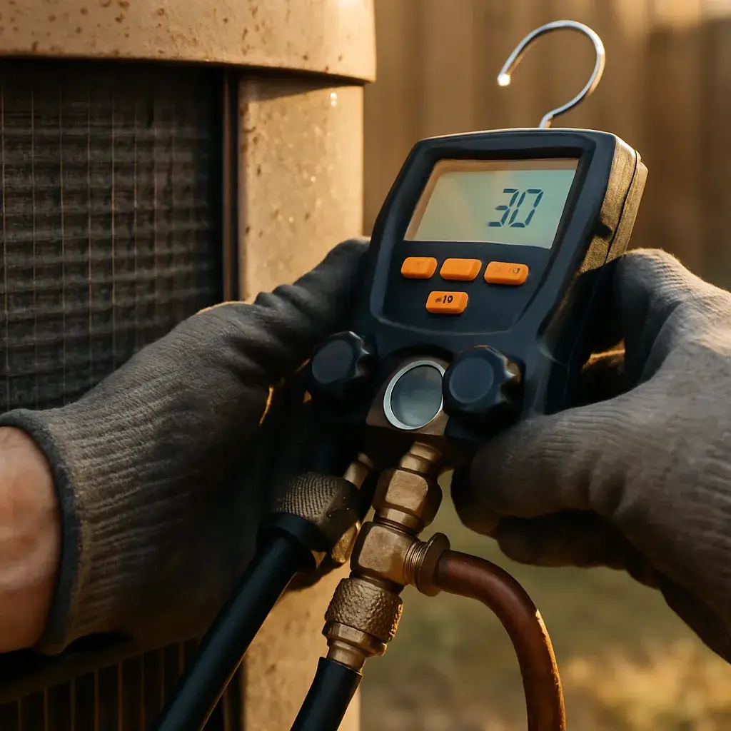 Close-up of refrigerant gauge check during AC maintenance service in Sunnyvale