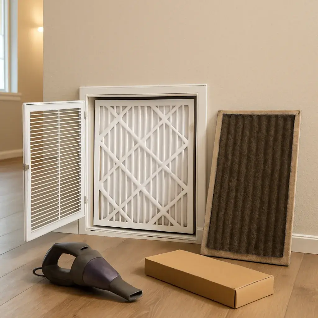 New air filter installed next to old dirty filter in Sunnyvale home