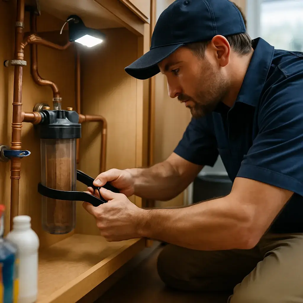 Technician installs sediment filter housing under kitchen sink in Sunnyvale home