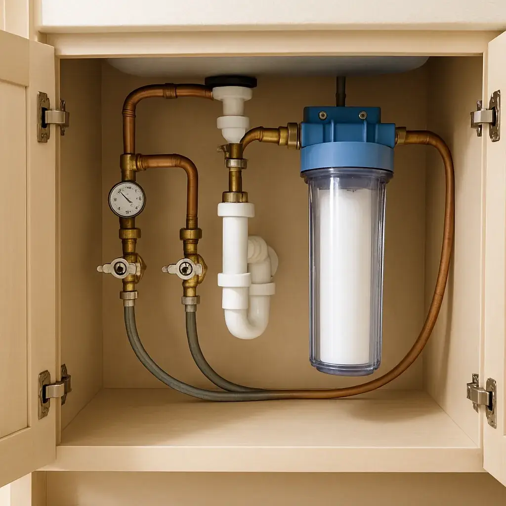 sediment-filter-installation-completed-result-sunnyvale Completed sediment filter installation under sink with clear housing in Sunnyvale